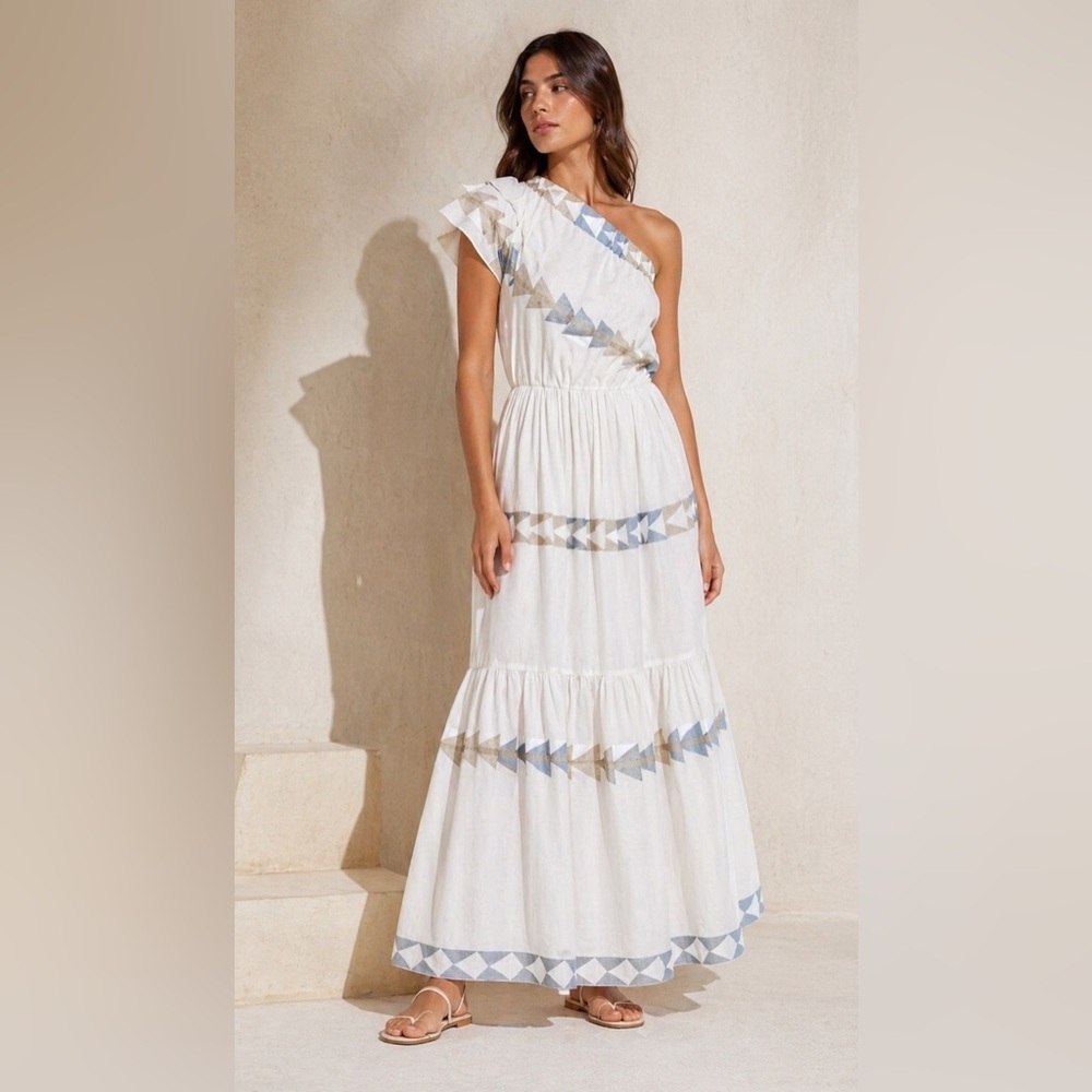 Mirth Paros one shoulder tiered midi dress in Grecian Jamdani.  Hand made. M
